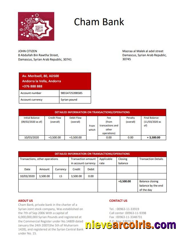 Syria Cham Bank proof of address statement in Word and PDF format, .doc and .pdf format